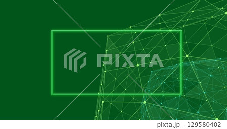 Floating neon green rectangular frame hovering in virtual green field, with network lines and nodes Floating neon green rectangular frame hovering in virtual green field, with network lines and nodes 129580402