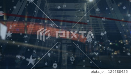 Image of star icons over computer server room against night city traffic 129580426