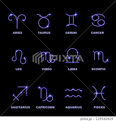 Set of zodiac signs with blue neon effect and inscription. Set of zodiac signs with blue neon effect and inscription. 129580429