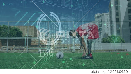 Image of scope scanning and data processing over football player with prosthetic leg Image of scope scanning and data processing over football player with prosthetic leg 129580430