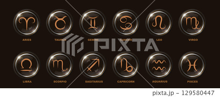 Twelve zodiac signs as round icons, gold monochromatic color on dark background, set. Symbols with names for horoscope. 129580447