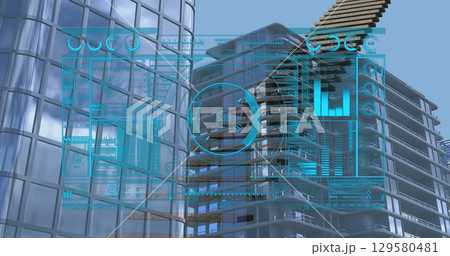 Image of interface with data processing over staircase icon against tall buildings Image of interface with data processing over staircase icon against tall buildings 129580481