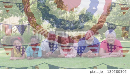 Image of flag of usa over african american family in garden Image of flag of usa over african american family in garden 129580505