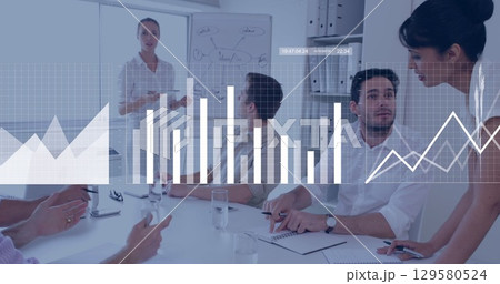 Image of data processing over caucasian business people in office Image of data processing over caucasian business people in office 129580524