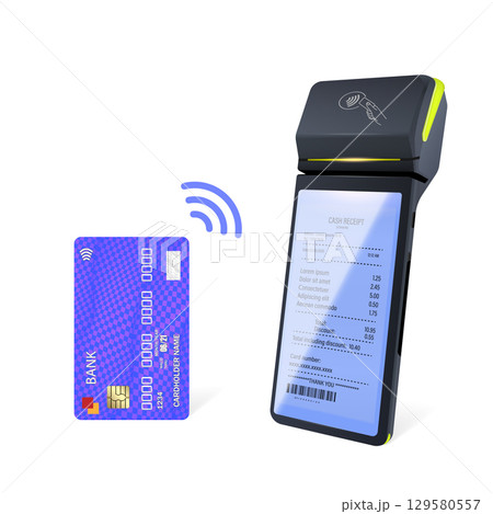 Realistic Blue Wi-Fi Payment Machine and Credit Card POS Terminal Design Template Bank Payment Terminal Mockup. 129580557