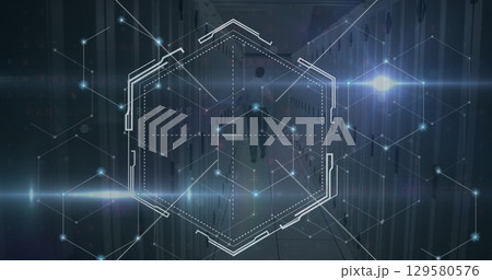 Image of moving shapes and caucasian male worker over server room 129580576