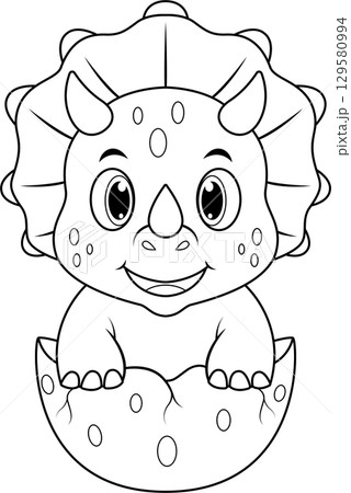 Cartoon baby triceratops hatching from egg line art 129580994