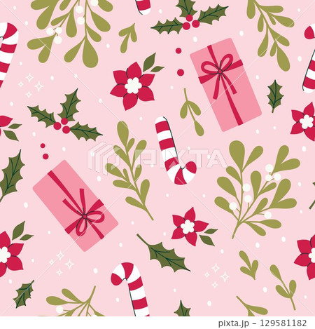 Seamless pattern with Christmas candy canes, winter flora and gifts. Vector graphics Seamless pattern with Christmas candy canes, winter flora and gifts. Vector graphics 129581182