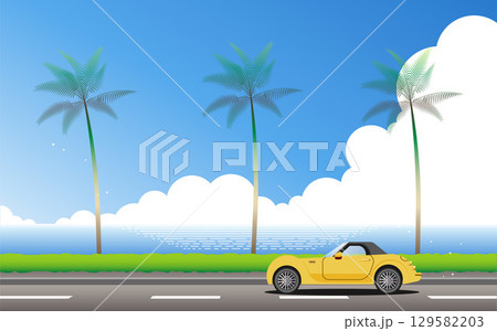ヤシの木の下にある海沿いの道を進む黄色い車の背景イラスト素材 夏 ベクター 129582203