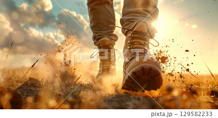 Hunter walking on dry ground at sunset, kicking up dust 129582233