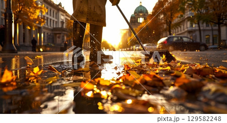 Street cleaner sweeping autumn leaves at sunset in berlin city center 129582248