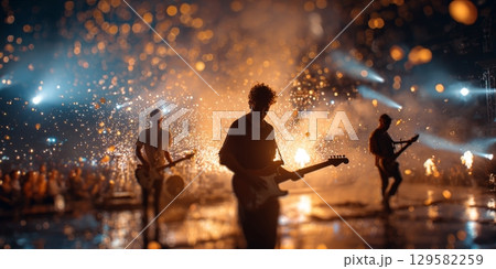 Rock band performing live on stage with fireworks and confetti 129582259