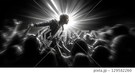 Singer performing live for fans, crowd surfing during music concert 129582260