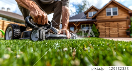 Gardener cutting grass with lawnmower in front of house 129582328