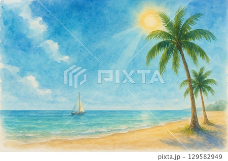 南国イメージ　海　ヤシの木　ヨット 129582949