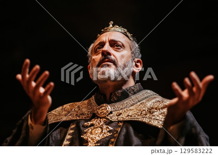 Middle-aged Hispanic male performs as Tsar, captivating audience in theatrical presentation Middle-aged Hispanic male performs as Tsar, captivating audience in theatrical presentation 129583222