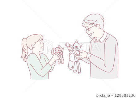 Happy grandfather play dolls with small granddaughter Happy grandfather play dolls with small granddaughter 129583236