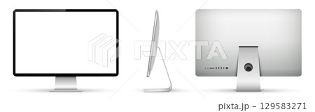 Realistic computer on three sides with blank screen. Front, side and back view of computer display. Realistic computer on three sides with blank screen. Front, side and back view of computer display. 129583271