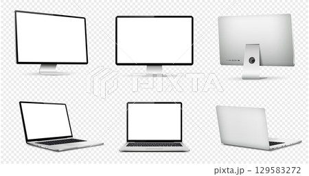 Realistic computer screen mockup. Laptop computer mockup different angles views on transparent background. Realistic computer screen mockup. Laptop computer mockup different angles views on transparent background. 129583272