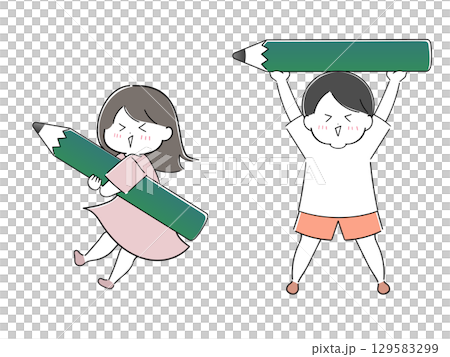 拿著鉛筆的女孩和男孩 129583299