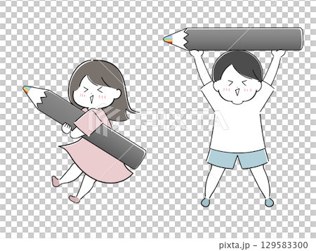 一個女孩和一個男孩拿著彩虹色的鉛筆 一個女孩和一個男孩拿著彩虹色的鉛筆 129583300