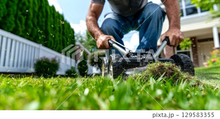 Gardener cutting grass with lawnmower in garden on sunny day 129583355