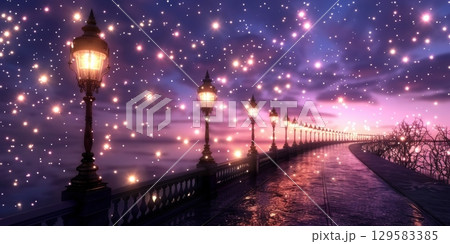 Illuminated path with street lamps under magical starry sky 129583385