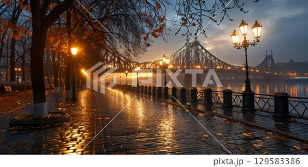 Wet cobblestone footpath illuminates autumnal cityscape at dawn 129583386