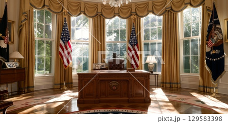 Resolute desk in oval office of white house with sunlight streaming through windows Resolute desk in oval office of white house with sunlight streaming through windows 129583398