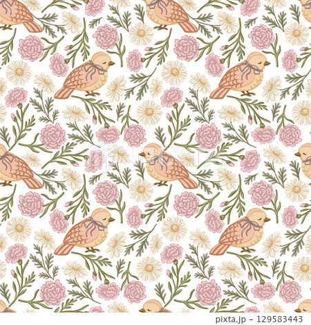 Little bird with carnation and daisy flower seamless pattern. Hand drawn floral background with coquette vintage feel. Great for textile design and wallpaper. Perfect for bed linen and kids decor. Little bird with carnation and daisy flower seamless pattern. Hand drawn floral background with coquette vintage feel. Great for textile design and wallpaper. Perfect for bed linen and kids decor. 129583443