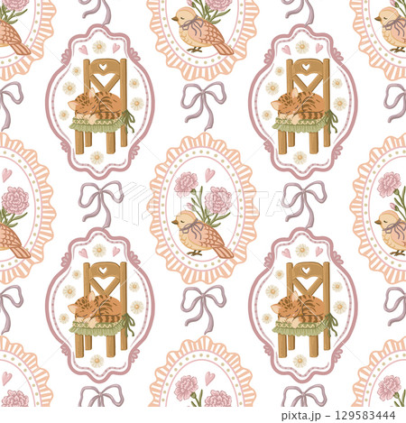 Cute sleeping cat and little bird in pastel wavy frame seamless pattern. Hand drawn coquette style with soft floral background. Great for textile and wallpaper. Perfect for bed linen and kids decor. 129583444