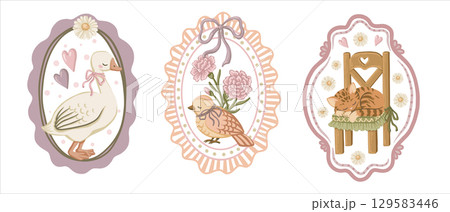 Vintage set with goose bird and sleep cat in pastel wavy frame. Hand drawn coquette cartoon illustration with pink ribbon bow and flower. Great for greeting card design and print decor or invitation. Vintage set with goose bird and sleep cat in pastel wavy frame. Hand drawn coquette cartoon illustration with pink ribbon bow and flower. Great for greeting card design and print decor or invitation. 129583446