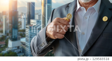 Businessman showing golden cryptocurrency coin in urban landscape 129583518