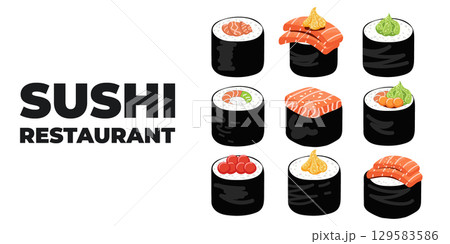 Vector illustrated advertising web and desktop banner with Japanese cuisine, traditional Asian food including sushi and rolls, perfect for Asian restaurant branding, menu design, and promotional Vector illustrated advertising web and desktop banner with Japanese cuisine, traditional Asian food including sushi and rolls, perfect for Asian restaurant branding, menu design, and promotional 129583586