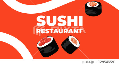 Vector illustrated advertising web and desktop banner with Japanese cuisine, traditional Asian food including sushi and rolls, perfect for Asian restaurant branding, menu design, and promotional 129583591