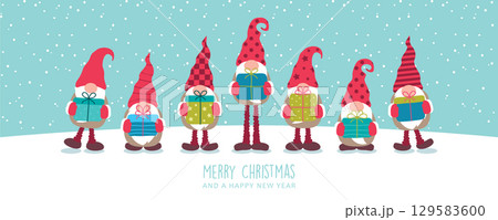 cute dwarf holding gifts and snowy landscape christmas greeting card vector illustration 129583600
