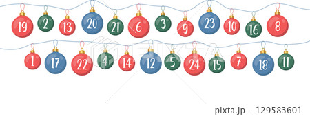 advent calendar with hanging christmas balls on red background vector illustration 129583601