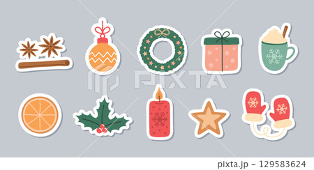 set of cute christmas decoration sticker isolated vector illustration set of cute christmas decoration sticker isolated vector illustration 129583624