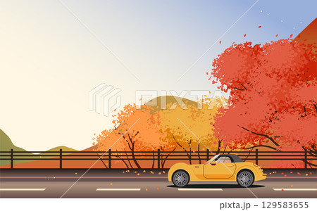 秋の紅葉ドライブする黄色い自動車の背景イラスト素材 ベクター 129583655
