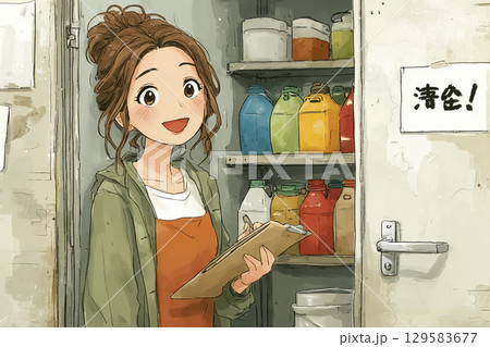 美優シリーズ：学校の防災倉庫を点検する先生のイラスト素材 129583677