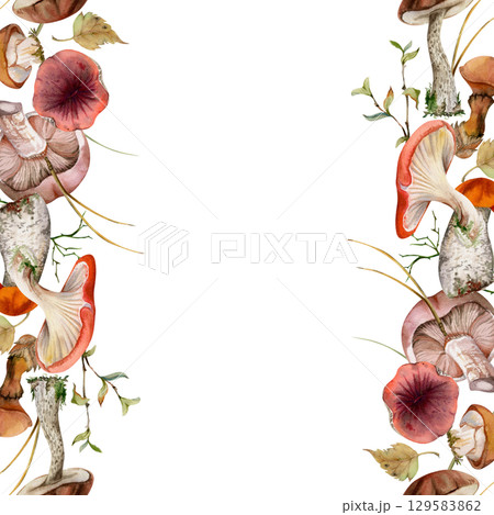 Bolete cep russula suillus mushroom fungi hand drawn in watercolor. Leaves twigs pine needles, autumn forest harvest, vegan cooking edible raw ingredient. Seamless double banner. Decals, stencils Bolete cep russula suillus mushroom fungi hand drawn in watercolor. Leaves twigs pine needles, autumn forest harvest, vegan cooking edible raw ingredient. Seamless double banner. Decals, stencils 129583862