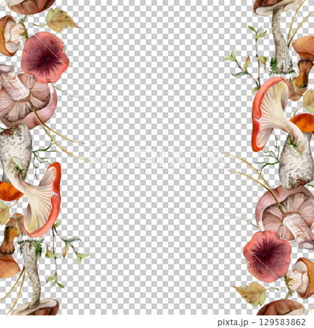 Bolete cep russula suillus mushroom fungi hand drawn in watercolor. Leaves twigs pine needles, autumn forest harvest, vegan cooking edible raw ingredient. Seamless double banner. Decals, stencils 129583862