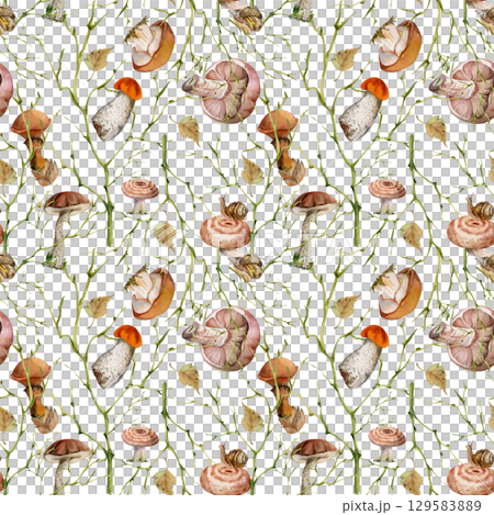 Birch bolete cep russula suillus milk-cap striped mushroom, autumn leaves snails. Fungi nature seamless pattern hand drawn in watercolor. Brambles twisting branches twigs. Packaging wrapping origami 129583889