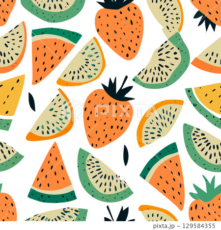 Colorful seamless pattern with artistic berries and fruits scattered at different angles for creative design. 129584355