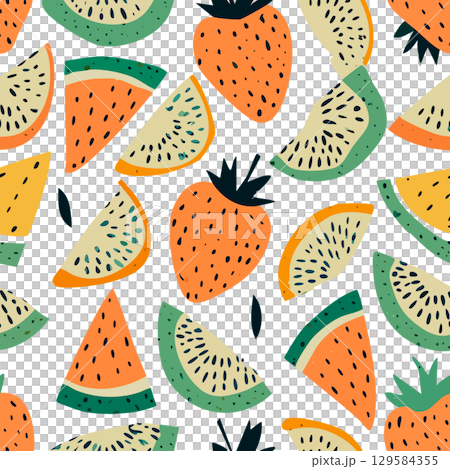 Colorful seamless pattern with artistic berries and fruits scattered at different angles for creative design. 129584355