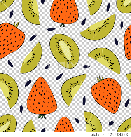 Colorful seamless pattern with artistic berries and fruits scattered at different angles for creative design. 129584358