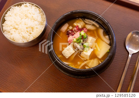 Korean traditional food. Soybean paste stew 129585120