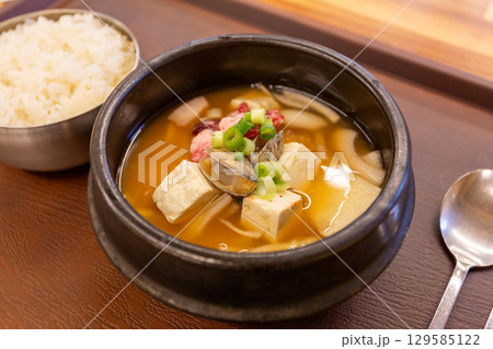 Korean traditional food. Soybean paste stew 129585122
