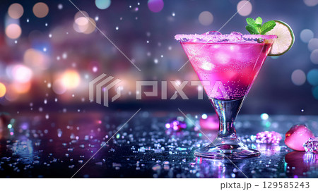 Glass of margarita cocktail on bar lights background. AI Generated. 129585243