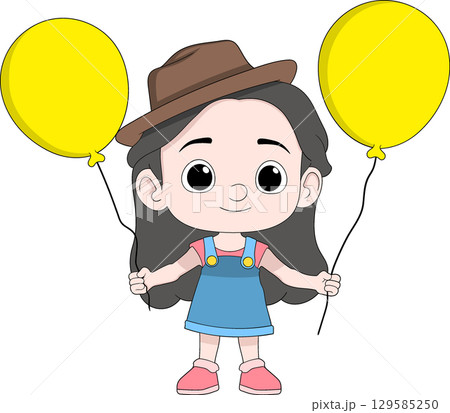 Cartoon Girl in Hat Holding Yellow Balloons for Birthday Celebration 129585250